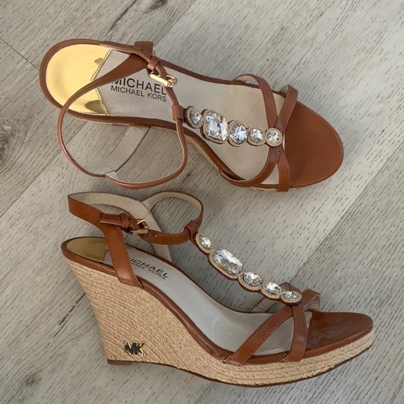 Michael Kors Jewel Caged Strappy Platform‎ Espadrille size 9 1/2 M wedges cognac - Picture 1 of 15
